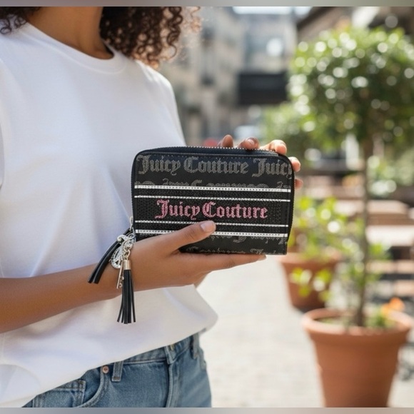 Juicy Couture Black and Pink Rhinestone Zip Around Wallet - Picture 2 of 4